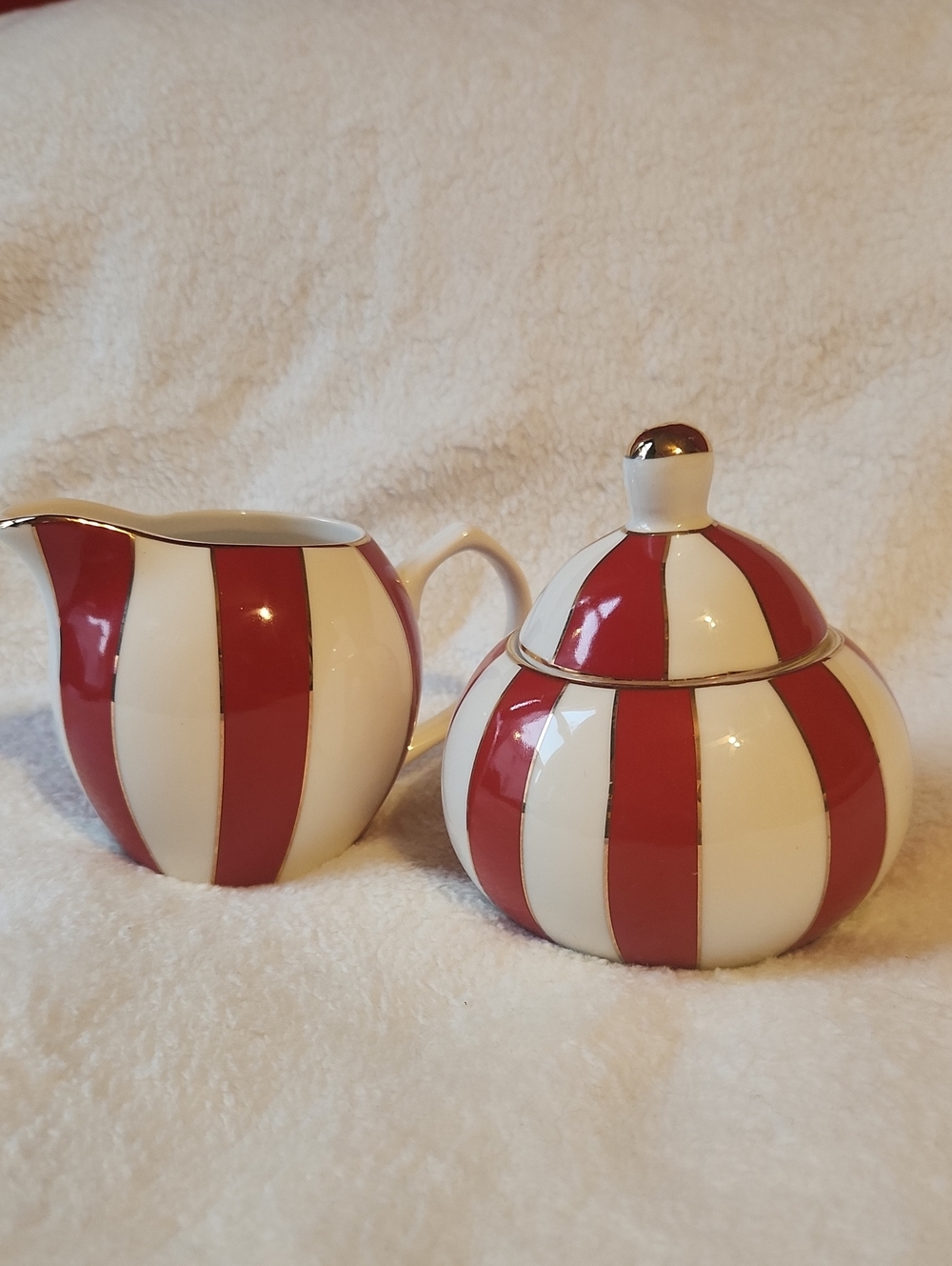 Grace Teawear, Fine Porcelain, Red and White Striped Creamer and Sugar Set